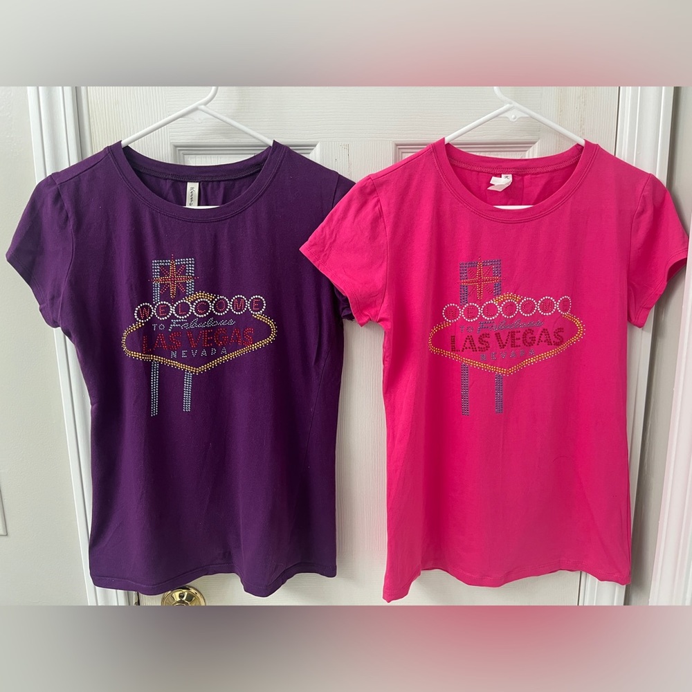 Matching Purple and Pink Las Vegas Rhinestone T-Shirts Bundle